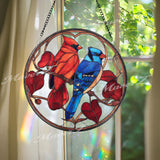 Cardinal and Blue Jay Stained Glass Suncatcher, Round Bird Window Panel with Red Leaves, Nature Memorial Decor Gift