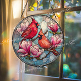 Cardinal Stained Glass Suncatcher, Round Magnolia Flower Window Panel, Red Bird Memorial Decor, Nature Glass Art Hanging Gift