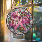 Breast Cancer Awareness Ribbon Stained Glass Suncatcher, Pink Flower and Butterfly Window Panel, Survivor Gift, Memorial Support Decor