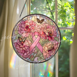 Breast Cancer Ribbon Stained Glass Suncatcher, Pink Peony and Butterfly Window Panel, Survivor Memorial Gift, Hope Awareness Decor