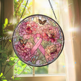 Breast Cancer Ribbon Stained Glass Suncatcher, Pink Peony and Butterfly Window Panel, Survivor Memorial Gift, Hope Awareness Decor