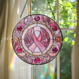 Pink Ribbon Stained Glass Suncatcher, Round Breast Cancer Awareness Window Panel, Survivor Support Gift, Inspirational Glass Art
