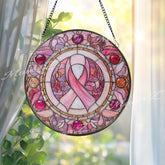 Pink Ribbon Stained Glass Suncatcher, Round Breast Cancer Awareness Window Panel, Survivor Support Gift, Inspirational Glass Art