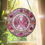 Pink Ribbon Stained Glass Suncatcher, Round Breast Cancer Awareness Window Panel, Survivor Support Gift, Inspirational Glass Art