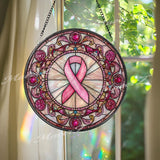 Breast Cancer Awareness Stained Glass Suncatcher, Round Pink Ribbon Window Panel, Support Gift, Hope Survivor Glass Art Decor