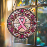 Breast Cancer Awareness Stained Glass Suncatcher, Round Pink Ribbon Window Panel, Support Gift, Hope Survivor Glass Art Decor