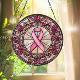 Breast Cancer Awareness Stained Glass Suncatcher, Round Pink Ribbon Window Panel, Support Gift, Hope Survivor Glass Art Decor