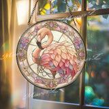Flamingo Stained Glass Suncatcher, Round Pink Bird Window Panel with Feathers and Flowers, Tropical Elegant Glass Art Home Decor