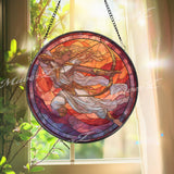 Greek Goddess Archer Stained Glass Suncatcher, Round Mythological Panel with Bow, Spiritual Warrior Decor, Strength and Power Gift