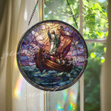 Jesus Calms the Storm Stained Glass Suncatcher, Round Religious Panel with Disciples and Boat, Spiritual Home Decor, Faith-Inspired Gift