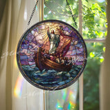 Jesus Calms the Storm Stained Glass Suncatcher, Round Religious Panel with Disciples and Boat, Spiritual Home Decor, Faith-Inspired Gift