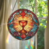 Holy Grail Stained Glass Suncatcher, Round Chalice with Cross, Spiritual and Religious Decor, Faith-Inspired Window Art, Gift Idea
