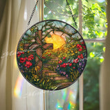 Cross Pathway Stained Glass Suncatcher, Round Religious Panel with Vibrant Flowers and Sunset, Spiritual Home Decor, Faith-Inspired Gift