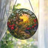 Cross Pathway Stained Glass Suncatcher, Round Religious Panel with Vibrant Flowers and Sunset, Spiritual Home Decor, Faith-Inspired Gift