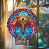 Angel Wings Cross Stained Glass Suncatcher, Round Heavenly Guardian with Cross, Divine Light and Power, Spiritual Home Decor