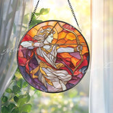 Archangel Stained Glass Suncatcher, Round Warrior Angel with Bow, Heavenly Power and Strength, Spiritual Home Decor, Inspirational Gift