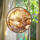 Archer Angel Stained Glass Suncatcher, Round Heavenly Warrior Panel, Golden and Amber Tones, Spiritual and Inspirational Home Decor