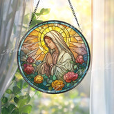 Praying Virgin Mary Stained Glass Suncatcher, Round Religious Panel with Roses and Sunburst, Spiritual Home Decor, Faith-Inspired Gift