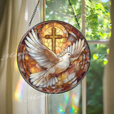 Dove and Cross Stained Glass Suncatcher, Round Peaceful Dove with Golden Cross, Spiritual Home Decor, Faith-Inspired Gift Idea