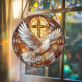 Dove and Cross Stained Glass Suncatcher, Round Peaceful Dove with Golden Cross, Spiritual Home Decor, Faith-Inspired Gift Idea