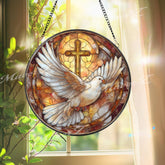 Dove and Cross Stained Glass Suncatcher, Round Peaceful Dove with Golden Cross, Spiritual Home Decor, Faith-Inspired Gift Idea