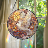 Dove Stained Glass Suncatcher, Round Peaceful Dove and Pumpkin Panel, Autumn Colors, Spiritual Home Decor, Gift Idea