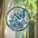 Personalized Cross Stained Glass Suncatcher, Round Floral and Butterfly Panel with Name, Blue Carnations, Spiritual Gift, Custom Home Decor