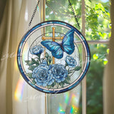 Personalized Cross Stained Glass Suncatcher, Round Floral and Butterfly Panel with Name, Blue Carnations, Spiritual Gift, Custom Home Decor