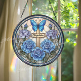 Personalized Cross Stained Glass Suncatcher, Round Floral Panel with Butterfly and Blue Carnations, Custom Name Gift Idea