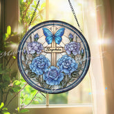 Personalized Cross Stained Glass Suncatcher, Round Floral Panel with Butterfly and Blue Carnations, Custom Name Gift Idea