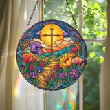 Vibrant Cross Stained Glass Suncatcher, Round Floral Pathway Panel, Colorful Flowers and Sun, Faith-Inspired Spiritual Home Decor, Gift Idea
