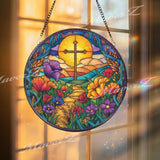 Vibrant Cross Stained Glass Suncatcher, Round Floral Pathway Panel, Colorful Flowers and Sun, Faith-Inspired Spiritual Home Decor, Gift Idea