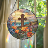 Sunset Cross Stained Glass Suncatcher, Round Scenic Ocean View Panel, Vibrant Wildflowers and Cross, Faith-Inspired Spiritual Decor