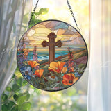 Sunset Cross Stained Glass Suncatcher, Round Scenic Ocean View Panel, Vibrant Wildflowers and Cross, Faith-Inspired Spiritual Decor