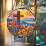 Sunset Cross Stained Glass Suncatcher, Round Ocean View Panel, Vibrant Flowers and Waves, Faith-Inspired Home Decor, Spiritual Gift
