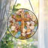 Magnolia Cross Stained Glass Suncatcher, Round Religious Window Panel, Floral and Faith-Inspired Design, Elegant Spiritual Home Decor