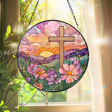 Sunrise Cross Stained Glass Suncatcher, Round Religious Window Panel, Colorful Flowers and Scenic View, Faith-Inspired Home Decor