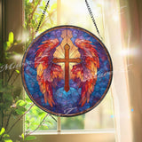 Angel Wings Cross Stained Glass Suncatcher, Round Religious Window Panel, Vibrant Red and Purple, Faith-Inspired Spiritual Gift