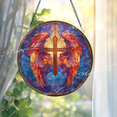 Angel Wings Cross Stained Glass Suncatcher, Round Religious Window Panel, Vibrant Red and Purple, Faith-Inspired Spiritual Gift