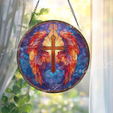 Angel Wings Cross Stained Glass Suncatcher, Round Religious Window Panel, Vibrant Red and Purple, Faith-Inspired Spiritual Gift