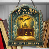 Books Read This Year Tracker - Crystal Fortress Dragon Library Sign, Fantasy Wooden Reading Counter, Personalized Book Lover Gift
