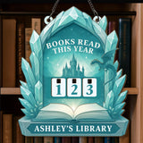 Books Read This Year Tracker - Crystal Dragon Castle Sign, Icy Fantasy Wooden Library Counter, Magical Reading Decor