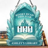 Books Read This Year Tracker - Crystal Dragon Castle Sign, Icy Fantasy Wooden Library Counter, Magical Reading Decor