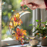 Crescent Moon Lily Acrylic Suncatcher, Stained Glass Style Orange Yellow Floral Window Hanging, Elegant Flower Home Decor Gift