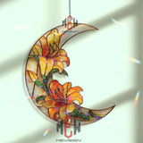 Crescent Moon Lily Acrylic Suncatcher, Stained Glass Style Orange Yellow Floral Window Hanging, Elegant Flower Home Decor Gift