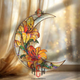 Crescent Moon Lily Acrylic Suncatcher, Stained Glass Style Orange Yellow Floral Window Hanging, Elegant Flower Home Decor Gift