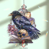 Raven and Skull Acrylic Suncatcher, Stained Glass Style Gothic Window Hanging, Dark Crow Book Decor Gift for Halloween Lovers