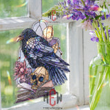 Raven and Skull Acrylic Suncatcher, Stained Glass Style Gothic Window Hanging, Dark Crow Book Decor Gift for Halloween Lovers