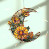 Crescent Moon Sunflower Acrylic Suncatcher, Stained Glass Style Yellow Floral Window Hanging, Bright Summer Home Decor Gift