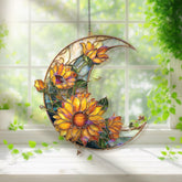 Crescent Moon Sunflower Acrylic Suncatcher, Stained Glass Style Yellow Floral Window Hanging, Bright Summer Home Decor Gift